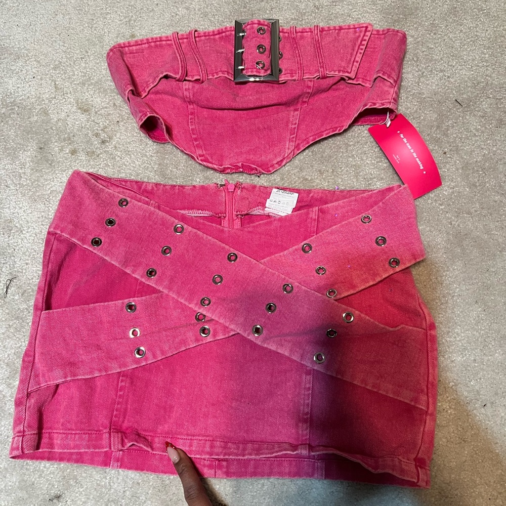 Pink Denim Crop Top and Skirt Set